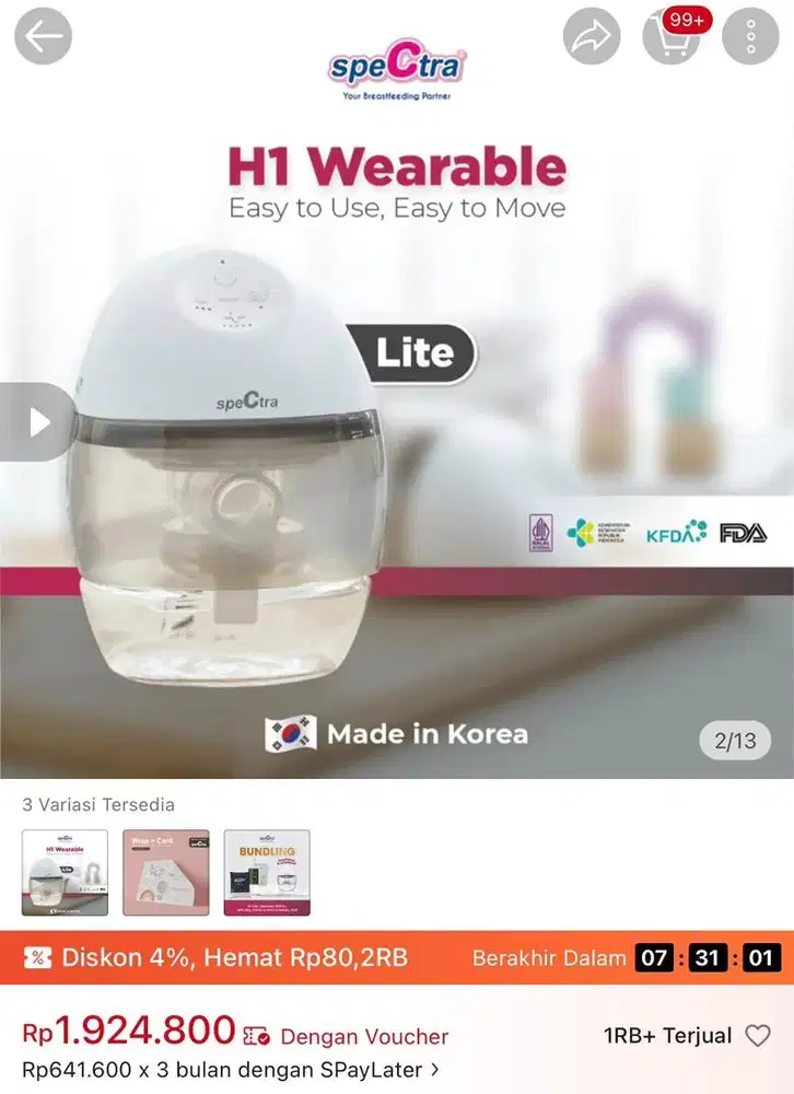 Spectra H1 Wearable Lite - Pompa ASI Elektrik Tanpa Kabel