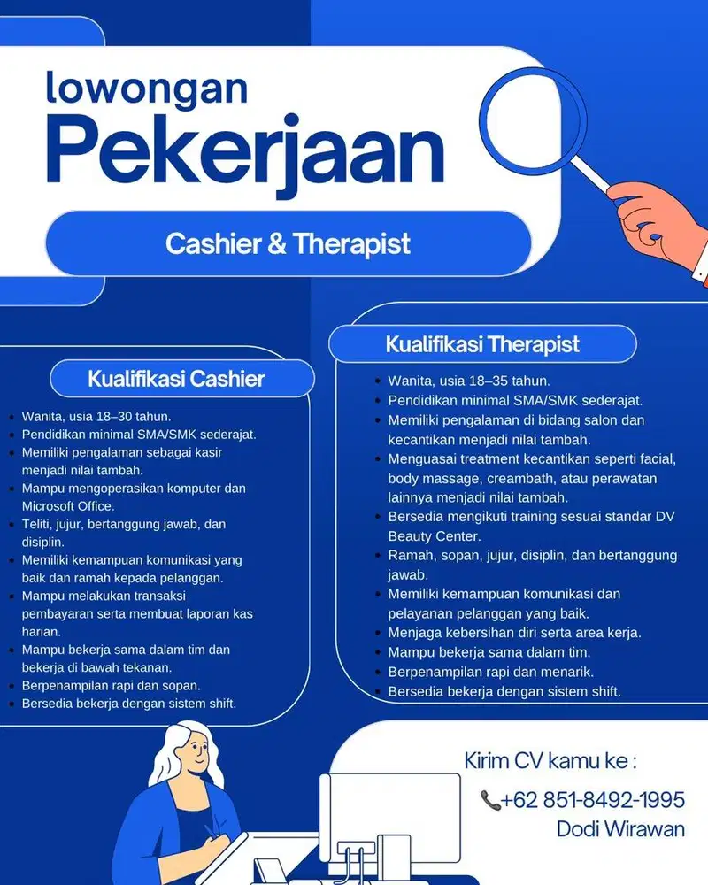 Lowongan Kerja Kasir, Therapist, & Stylish