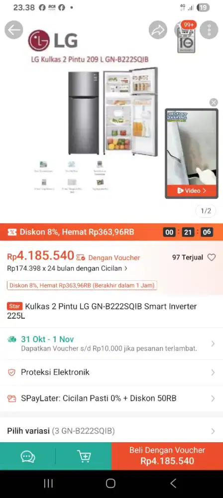 Kulkas 2 pintu LG inverter