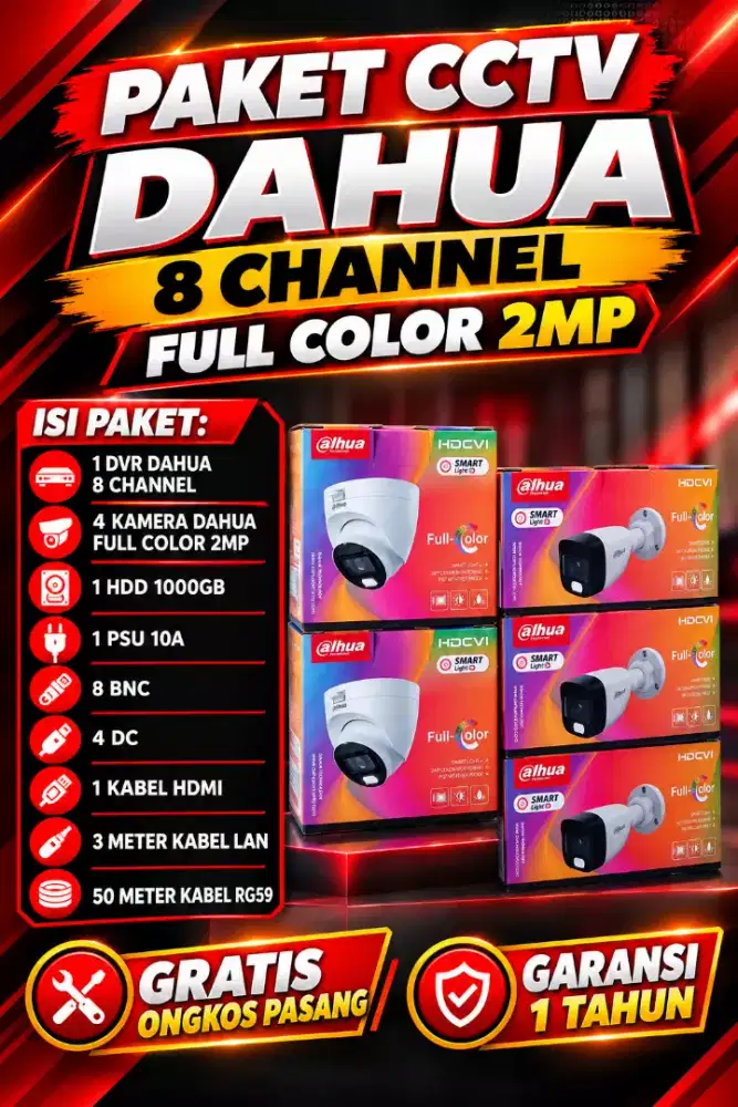paket cctv dahua 8 channel 4 kamera full color 2mp
