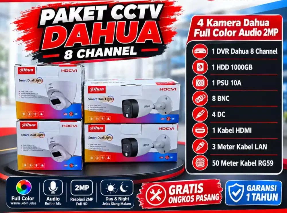 paket cctv dahua 8 channel 4 kamera full color audio 2mp