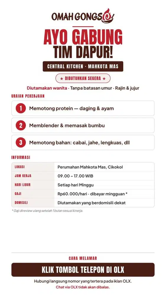 LOWONGAN TIM PRODUKSI DAPUR (WANITA) - CENTRAL KITCHEN CIKOKOL