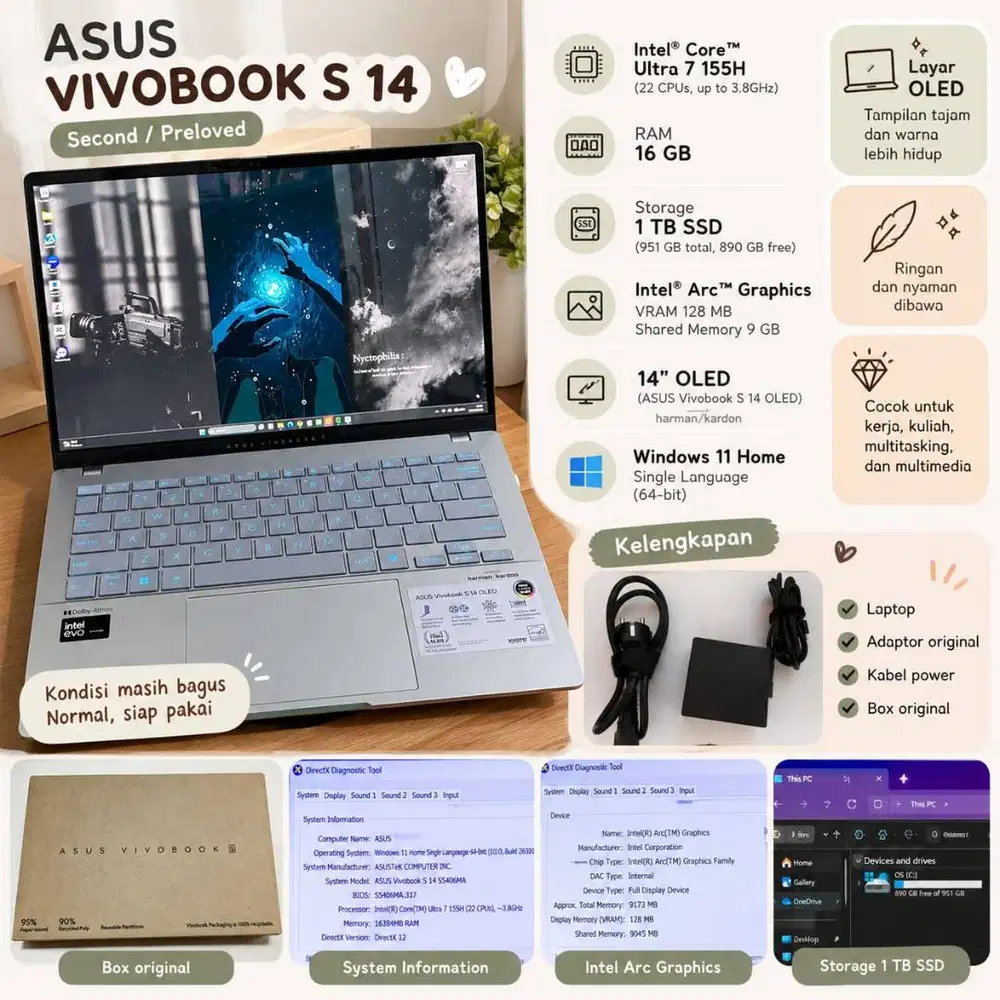 ASUS Vivobook S 14 OLED S5406M – Core Ultra 7 155H, RAM 16GB, SSD 1TB