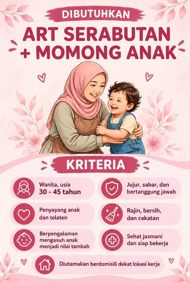 Dibutuhkan ART Momong Serabutan (Menginap)