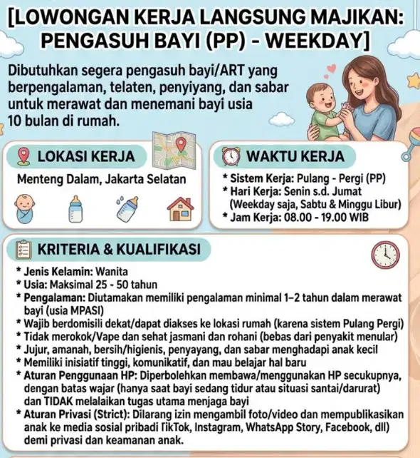 LOWONGAN KERJA LANGSUNG MAJIKAN: PENGASUH BAYI (PP) - WEEKDAY