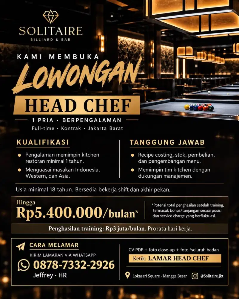 Lowongan Kerja Head Chef