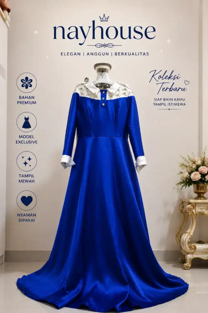 Gaun mewah simpel elegant biru elektrik anggun