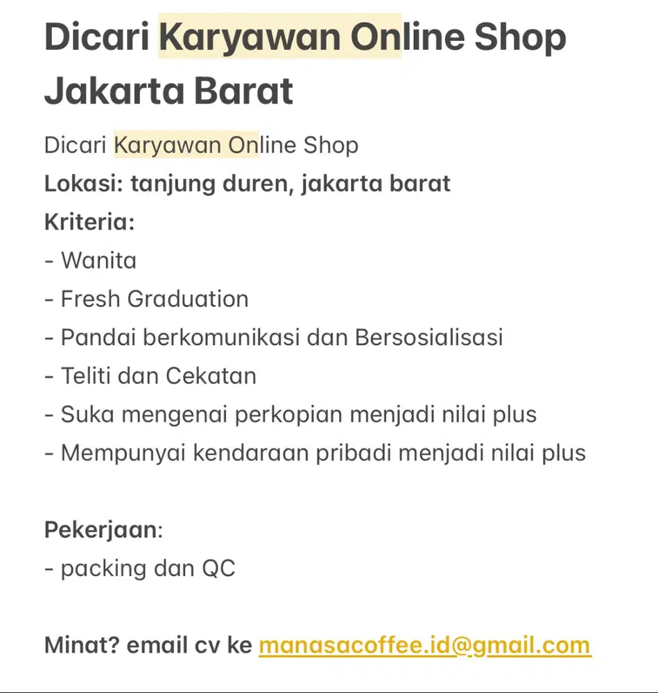 Dicari Karyawan Online Shop Jakarta Barat