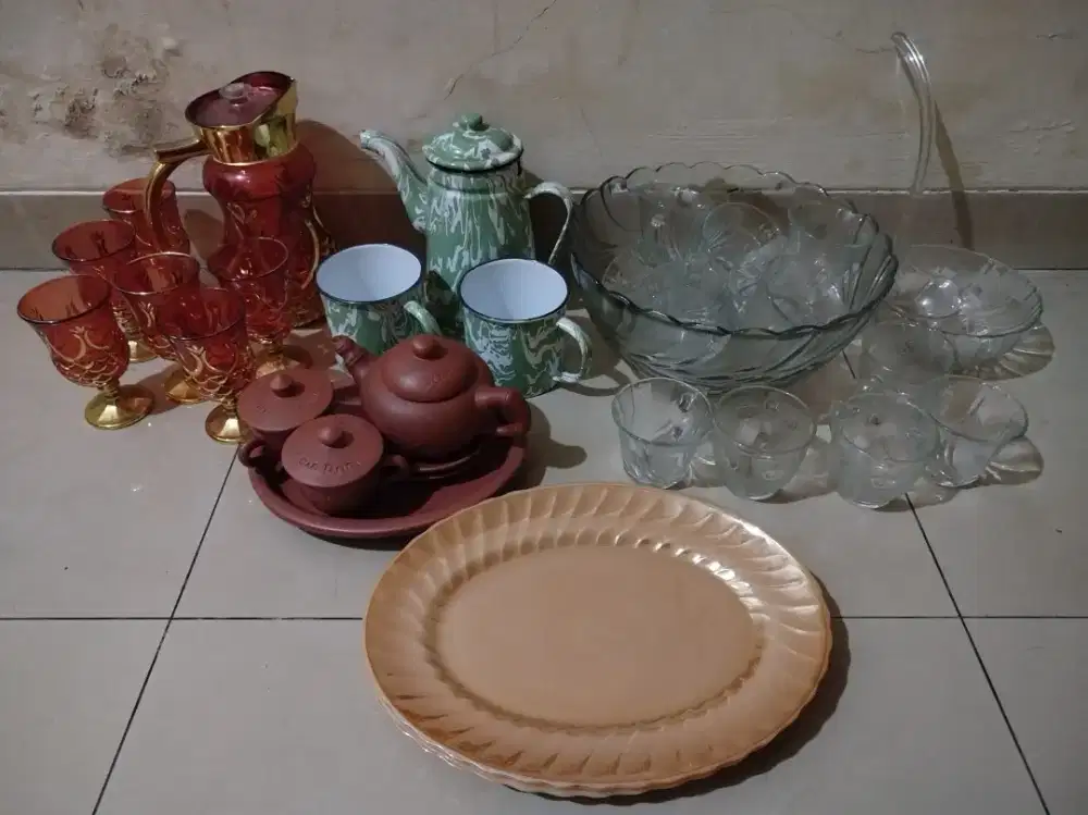 Teko Enamel Piring Lodor Teko Teh Poci Set Mangkuk Kaca