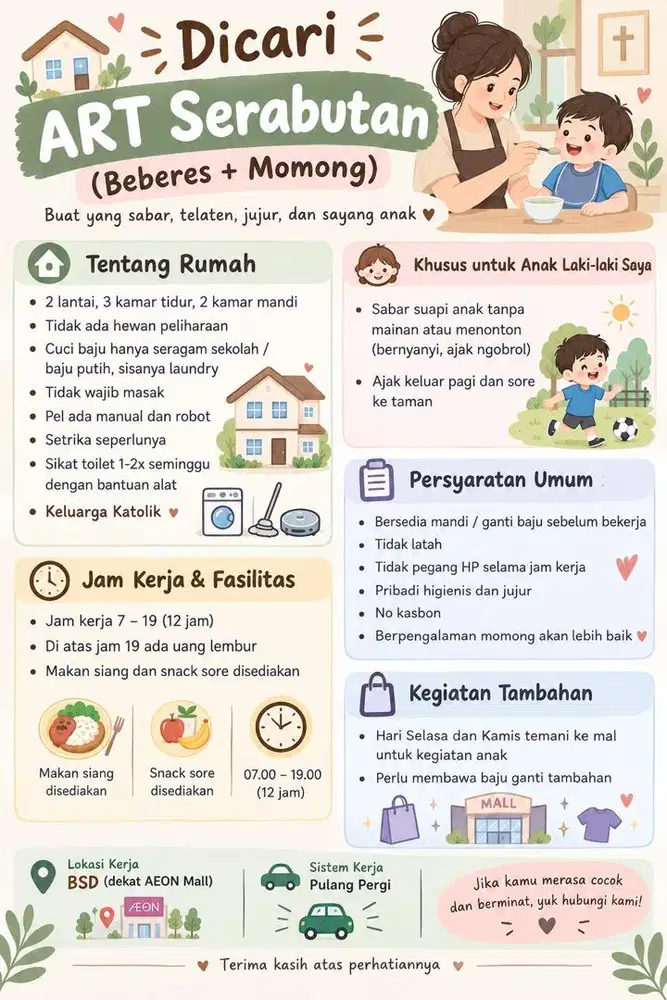 [BUTUH CEPAT] ART PP Serabutan / Beberes + Momong untuk di BSD
