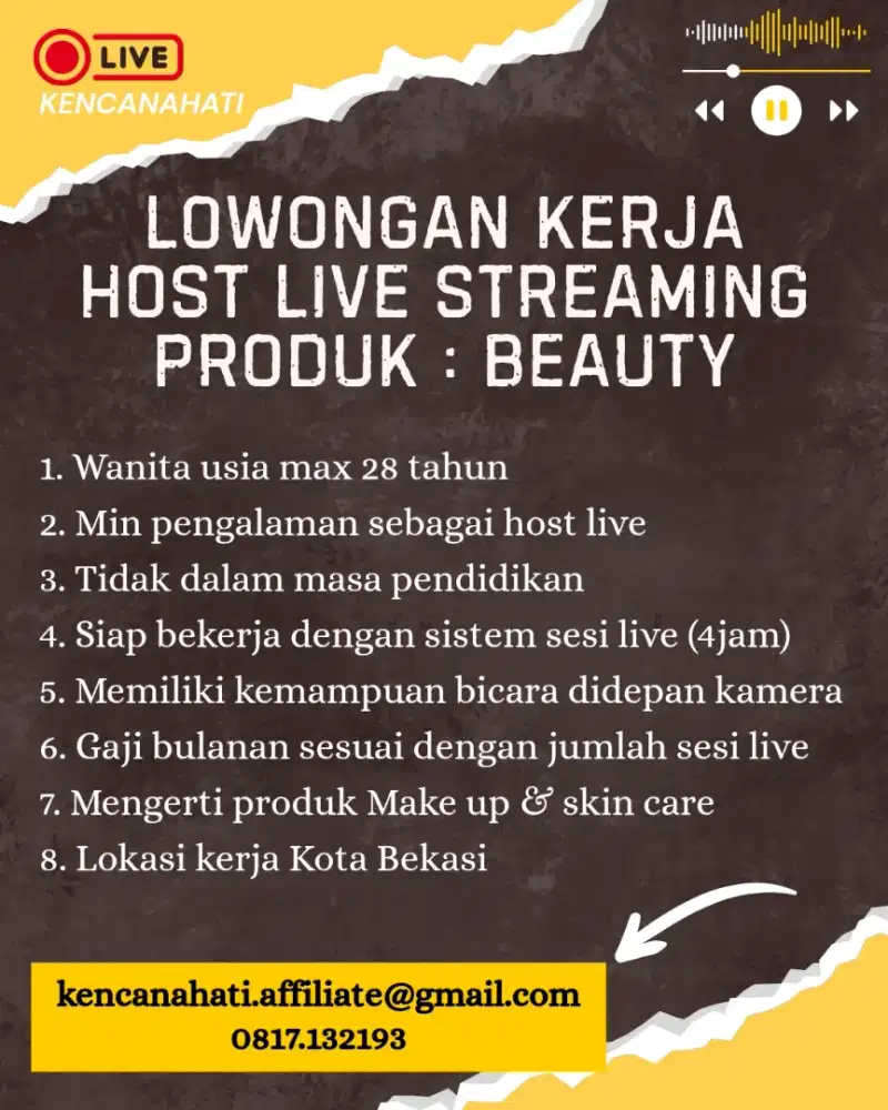 Lowongan kerja HOST LIVE produk beauty