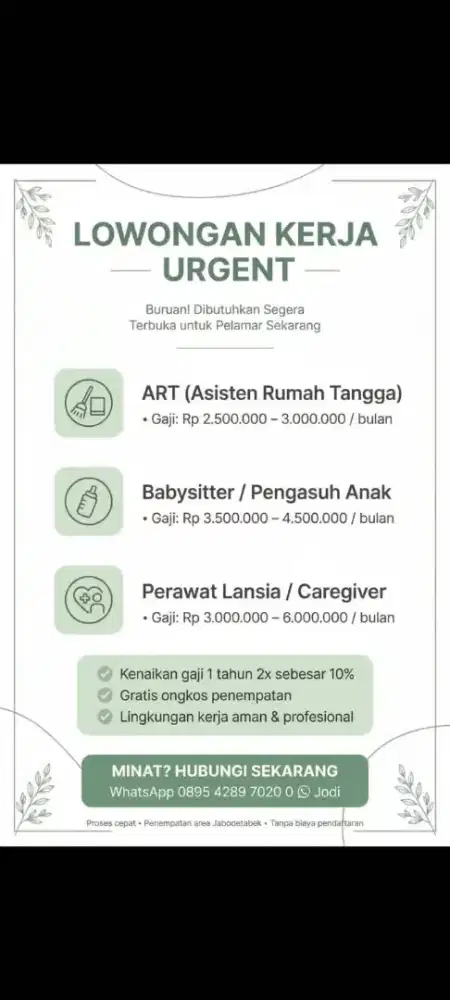 Lowongan kerja art babysister dan perawat lansia