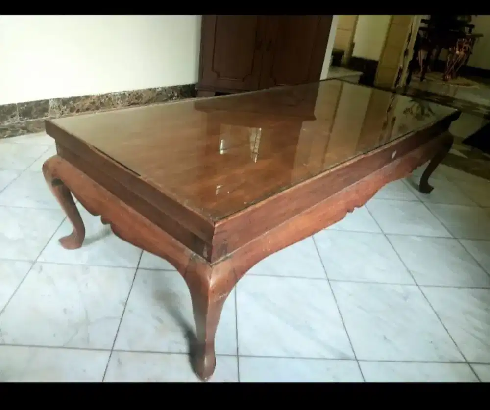 Dijual meja kayu jati atas kaca tebal