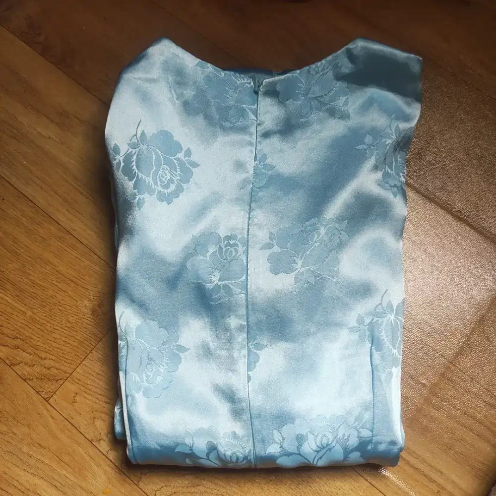 Dress Gaun Pesta Shanghai ala Korea Satin Biru telur Asin