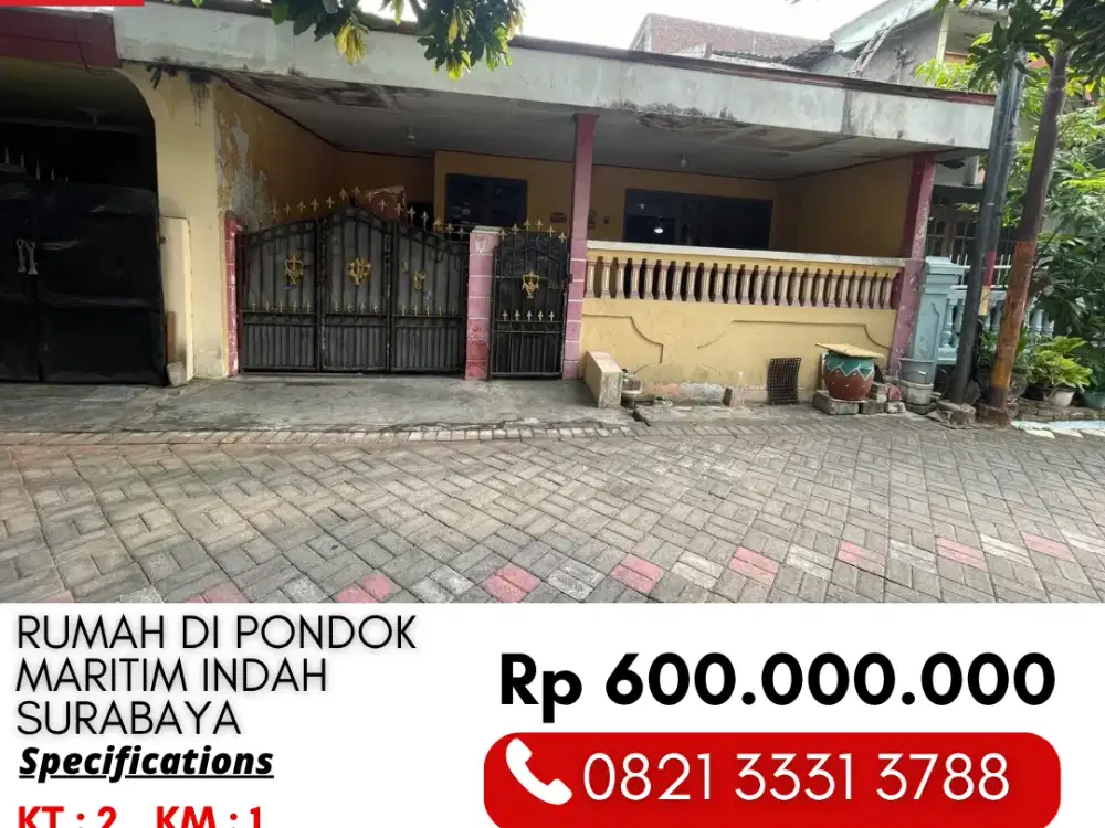Dijual Cepat Rumah 2 Kamar di Pondok Maritim Indah Kebraon Surabaya