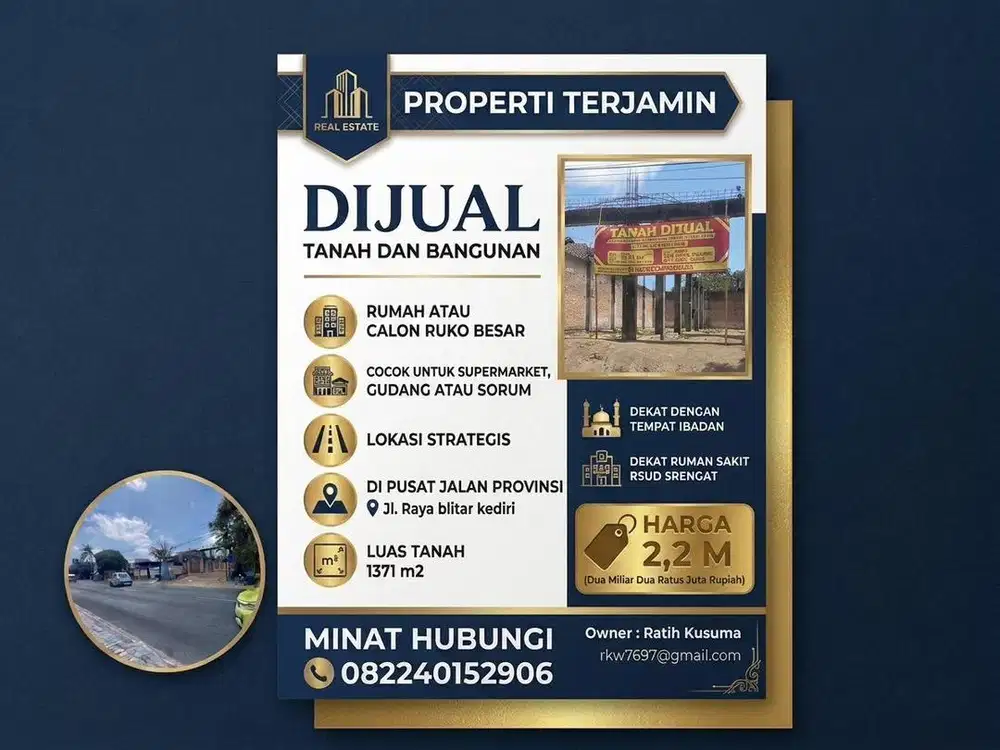 DIJUAL TANAH + BANGUNAN 1371m2 - TIMUR POLUHAN, SRENGAT BLITAR