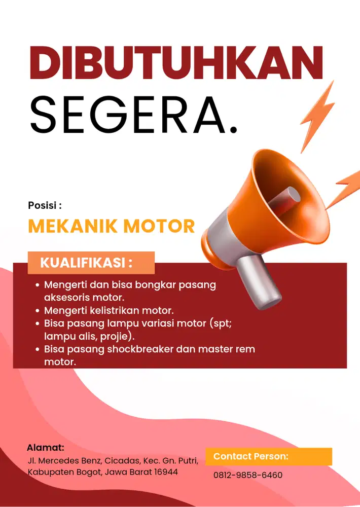 Dicari Mekanik Motor Berpengalaman