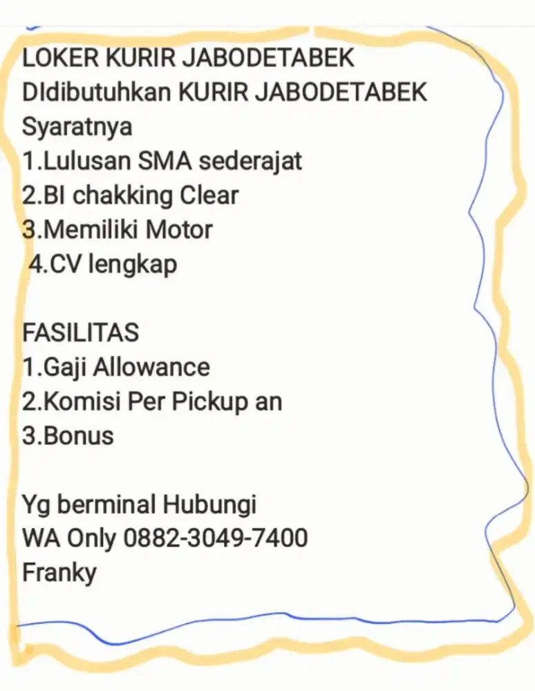 Loker KURIR Area Jabodetabek