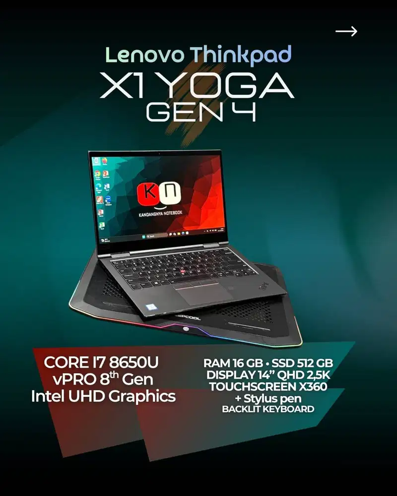 Lenovo Thinkpad X1 Yoga Gen4 Core i7 8650U Layar Qhd 2,5K Touchscreen