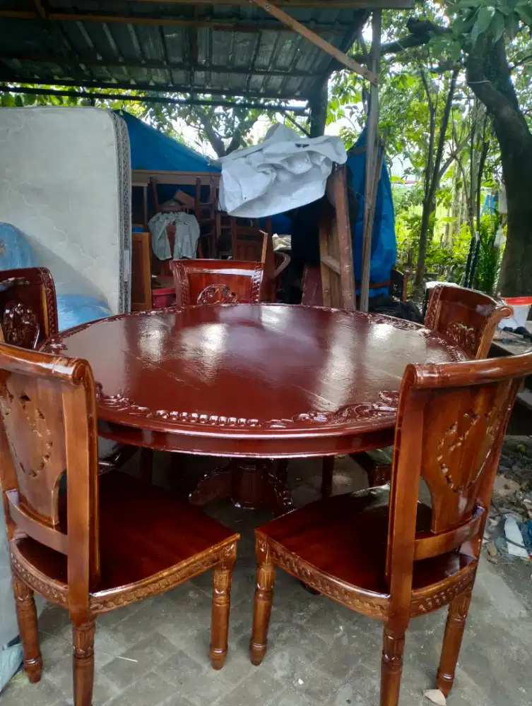 meja makan jati Jepara asli 5 kursi kumbo, meja diameter 120cm