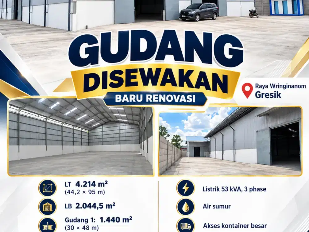 Disewakan Gudang Baru Renovasi di Gresik