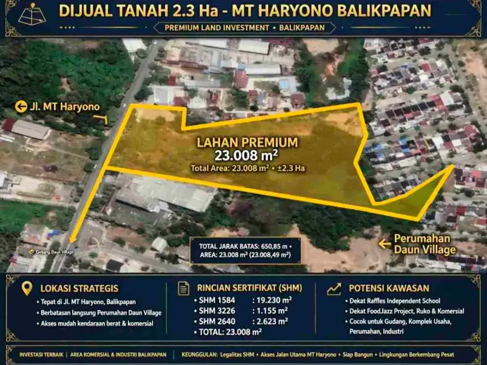 Nego Dijual tanah 2,3 hektar di depan jalan Mt haryono Balikpapan samping daun village