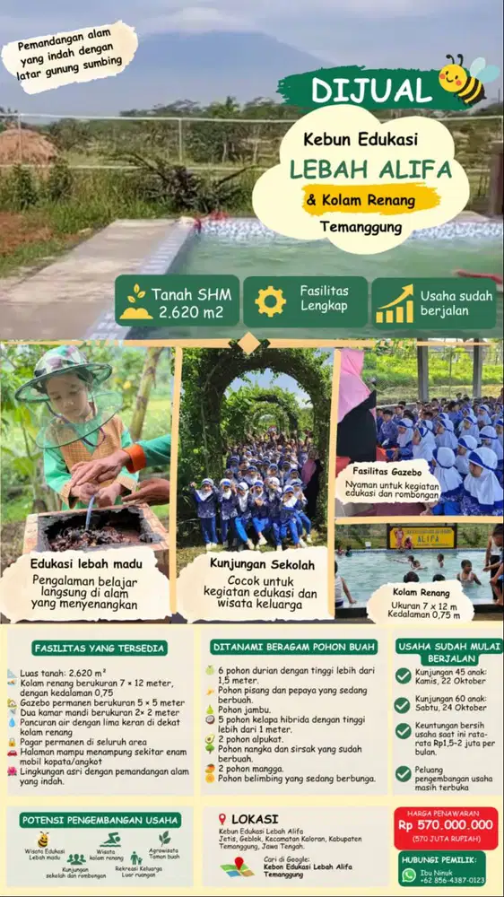 DIJUAL KEBON EDUKASI LEBAH  & KOLAM RENANG ALIFA TEMANGGUNG