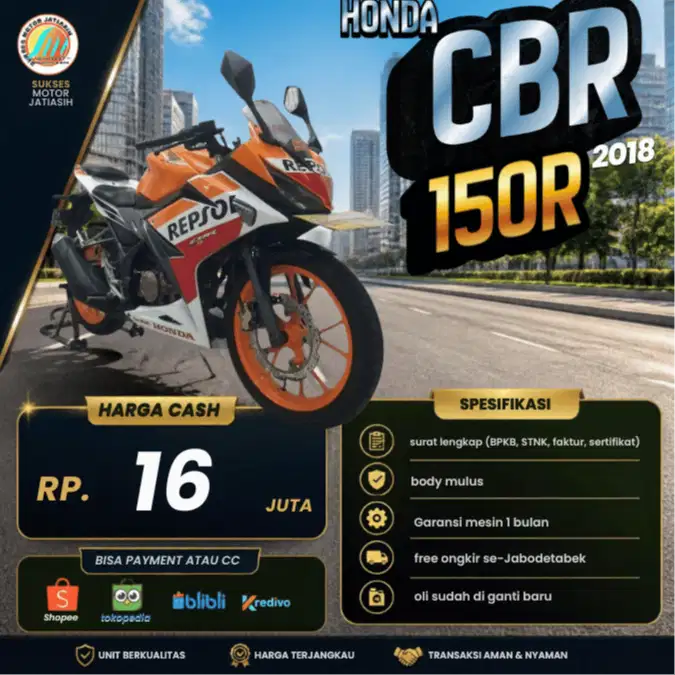 HONDA CBR 150R 2018 PLAT JAKARTA BISA CASH ATAU PAKAI PAYLATER