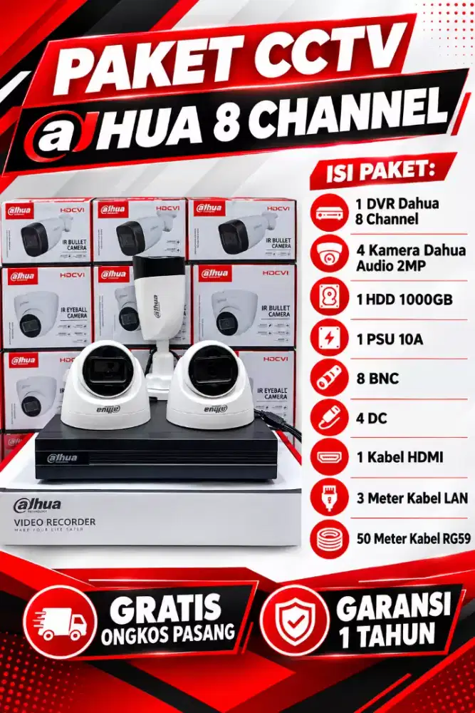 paket cctv dahua 8 channel 4 kamera audio 2mp