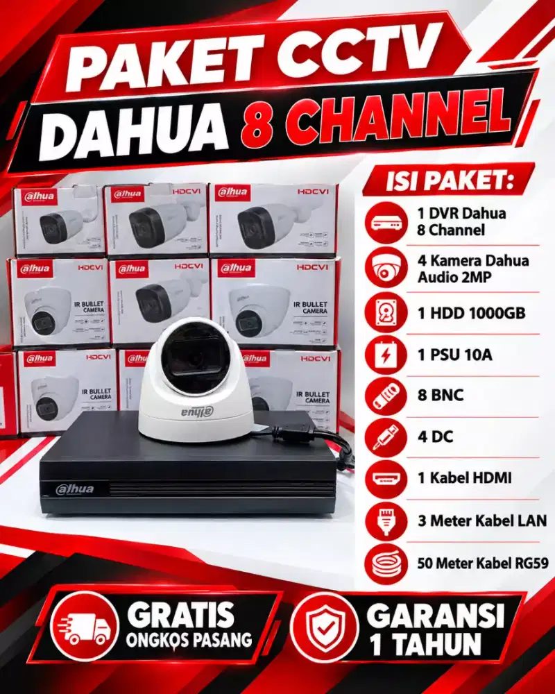 paket cctv dahua 8 channel 4 kamera audio 2mp