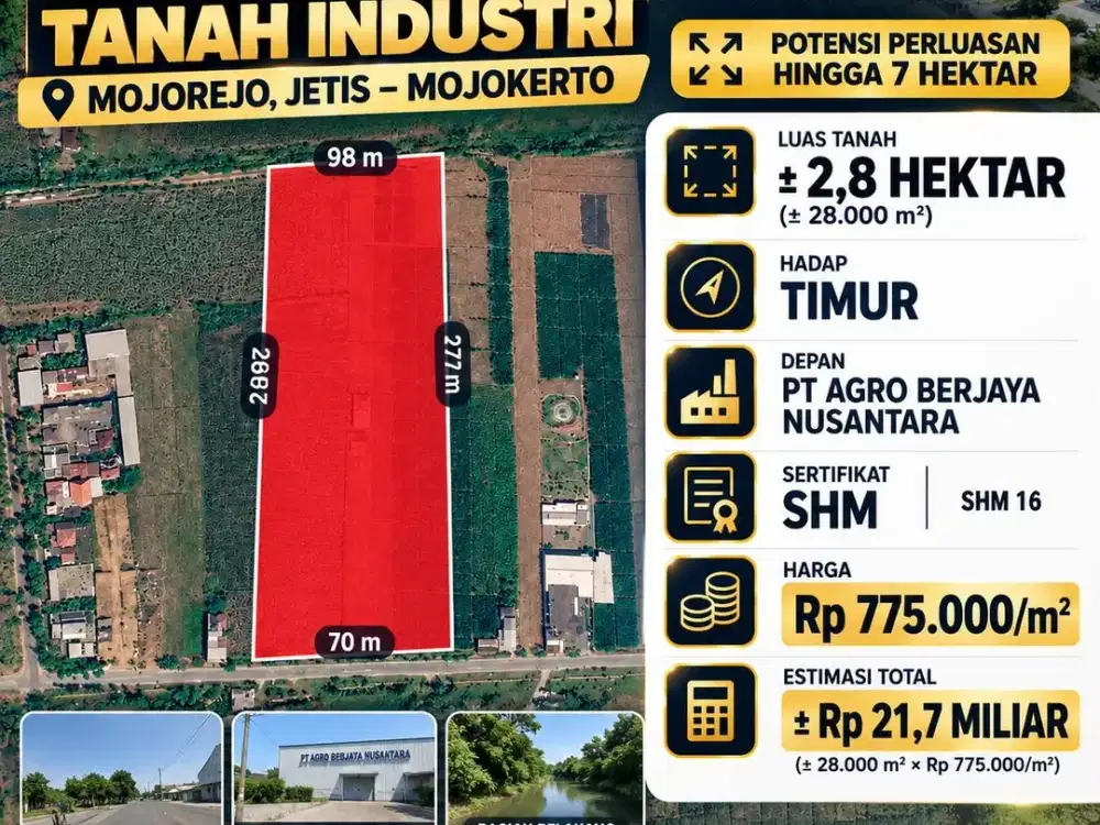 Dijual Tanah Industri Bagus & Strategis di Mojorejo, Jetis, Mojokerto