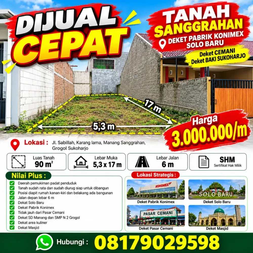 Dijual Tanah Kavling, Sanggrahan, Manang, Cemani, grogol, Sukoharjo