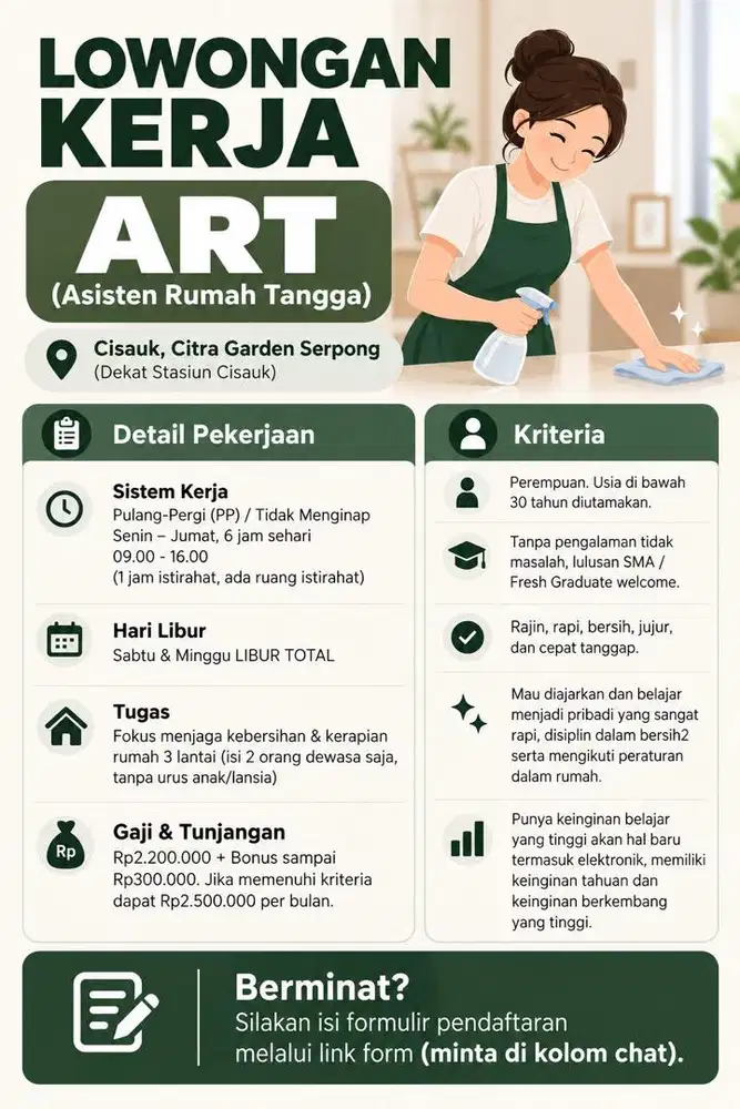 Lowongan Kerja ART PP Cisauk Citra Garden Serpong Kerja Senin - Jumat