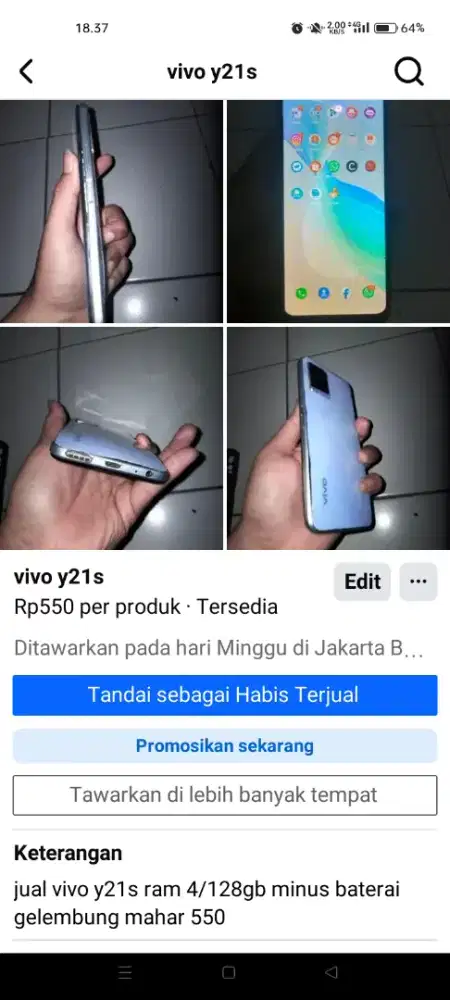 jual vivo y21s ram 4/128gb minus baterai gelembung