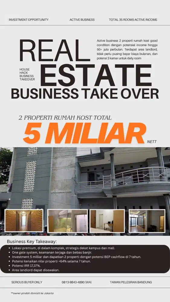 Dijual 2 Rumah Kos Berdampingan >35 Kamar dan Ada Area Landlord
