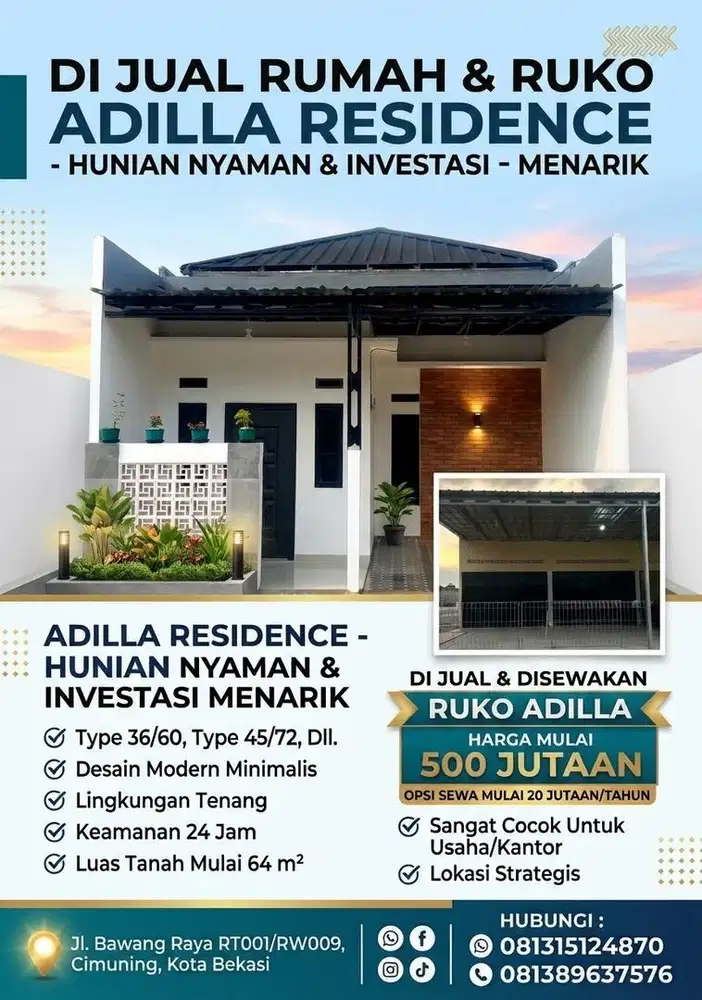 DIJUAL RUMAH DAN RUKO MEZANIN AREA KOMERSIAL ADILLA RESIDENCE
