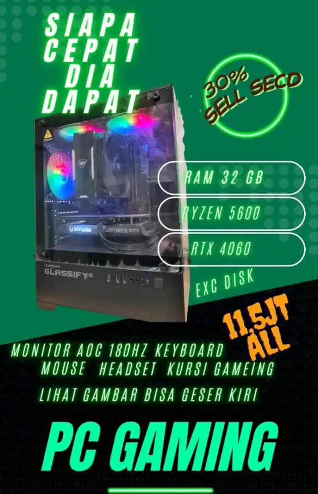 Pc gaming ryzen 5600 rtx4060 seperti baru harga bekas
