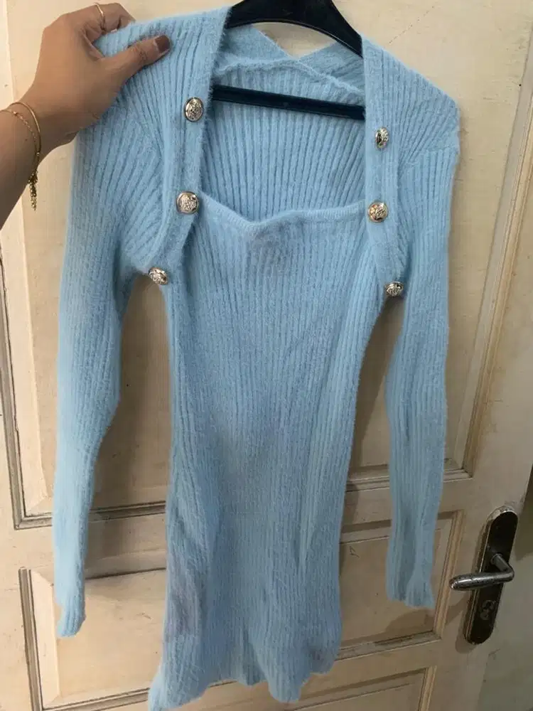 Mini dress bludru light blue