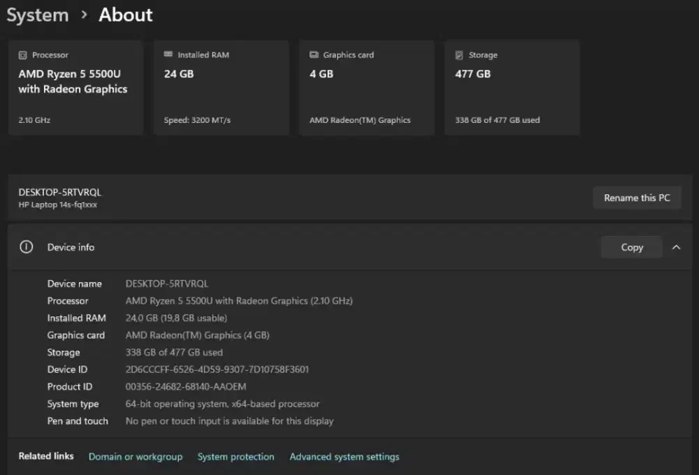 HP 14s Ryzen 5 5500U RAM 24GB SSD 512GB (Second)