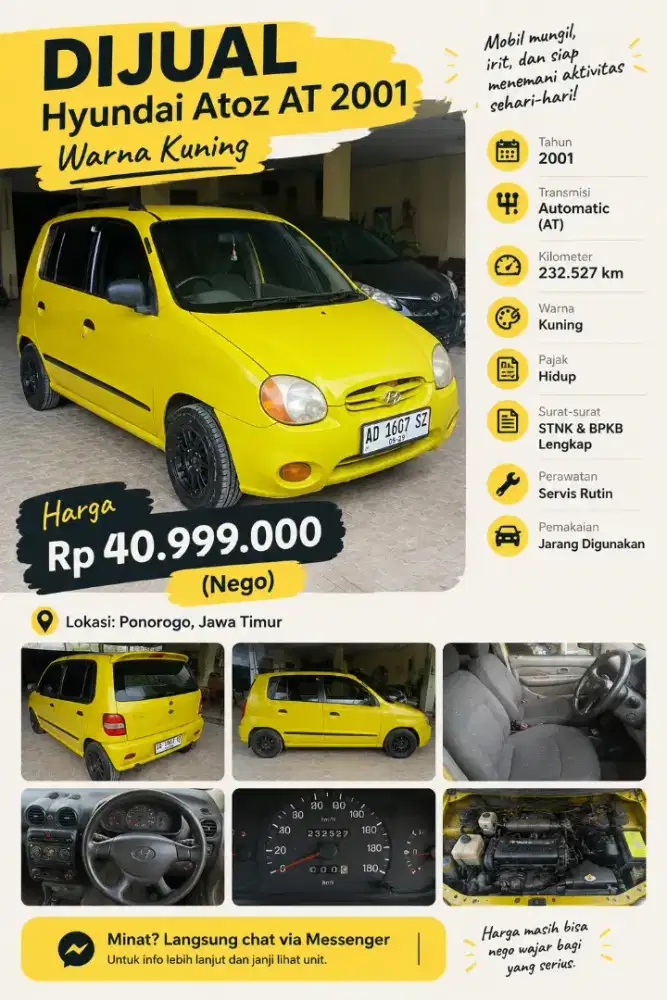 DIJUAL HYUNDAI ATOZ AT 2001 - WARNA KUNING
