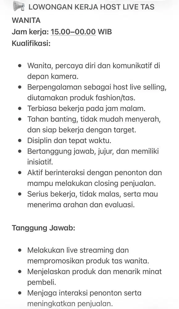 DIBUTUHKAN SEGERA HOST LIVE TAS