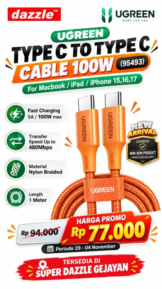 UGREEN TYPE C TO TYPE C 100W CABLE (95493)