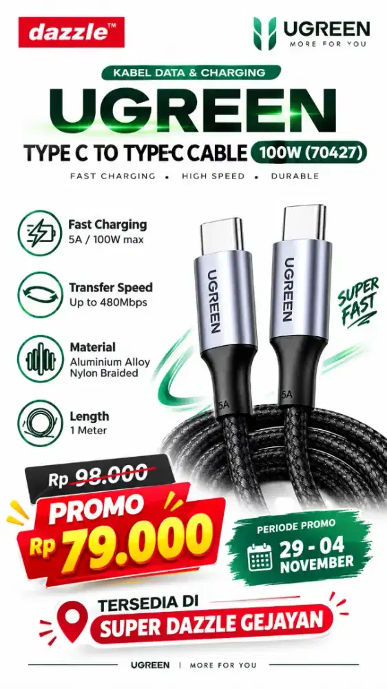 UGREEN TYPE C TO TYPE C 100W CABLE (70427)