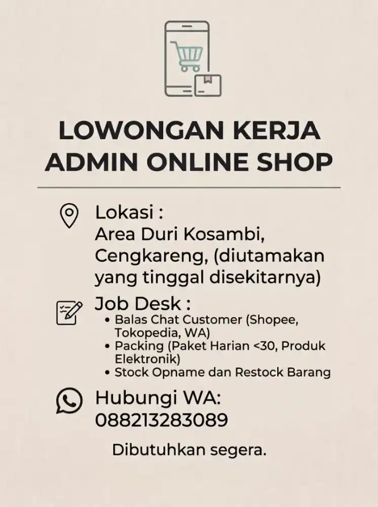 Lowongan Kerja Admin Online Shop – Duri Kosambi Cengkareng
