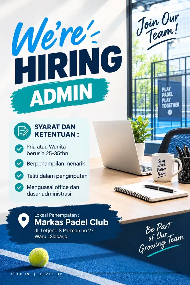 Dibuka Lowongan Admin Markas Padel Club Waru