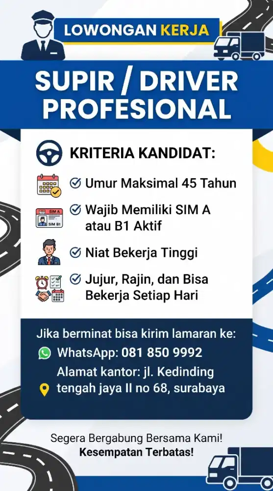Dibutuhkan supir / driver untuk kirim barang & pribadi