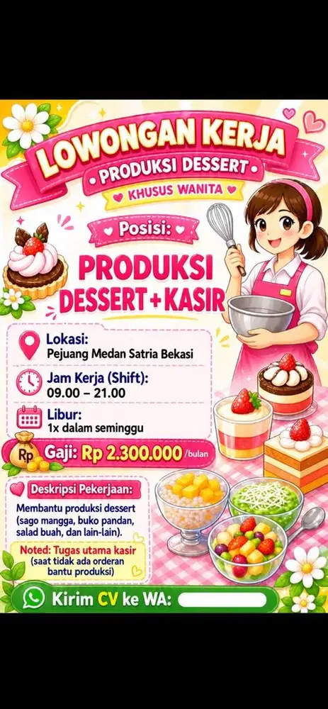 Lowongan kerja kasir + bantu produksi dessert khusus wanita