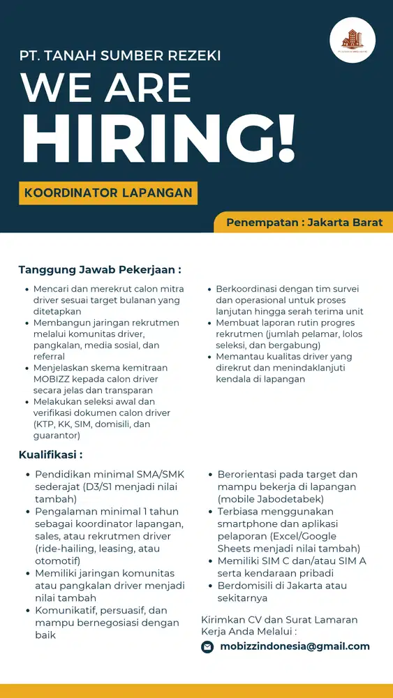 Loker Kordinator Lapangan (Rekrut Driver Online Mobil)