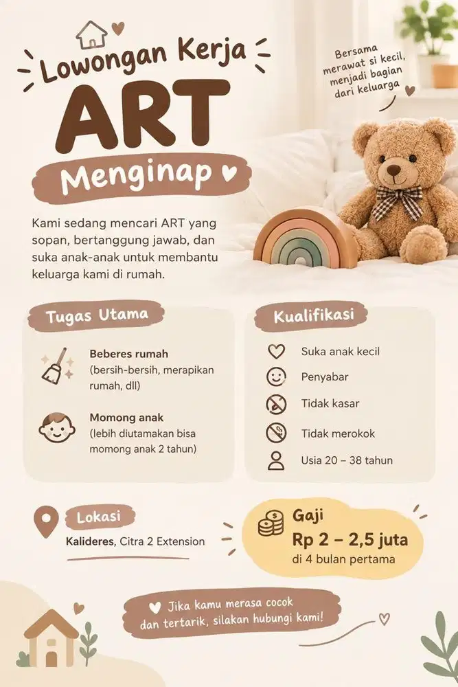 Dibutuhkan ART (Momong dan Beberes) Menginap