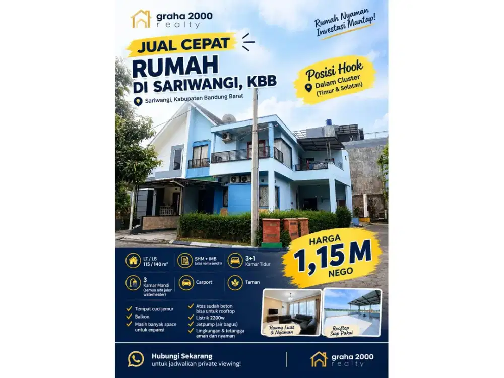 Dijual Cepat Rumah Hook Sariwangi KBB LT 115 m² LB 140 m² 3+1 KT Harga Rp1,15 Miliar Nego  Deskripsi Properti: